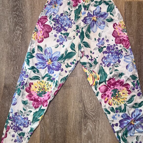 Vintage 90s Floral Print High-Waisted Leggings - Pink & Purple - Size M - Picture 2 of 5